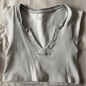Gray Crop Ribbed Tank Top with Cap Sleeves and Polo Collar